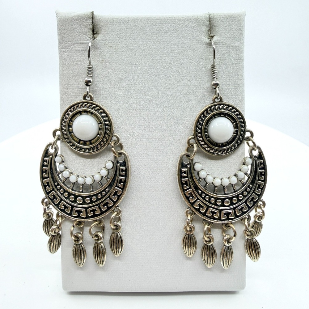 Vintage Boho Silver Chandelier Earrings White Cabochon Dangle 90s
